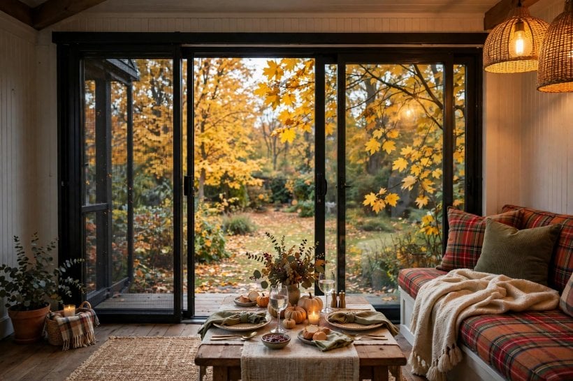 tiny house plans with screened porches: three-season room with sliding glass panels over the screens on an autumn day