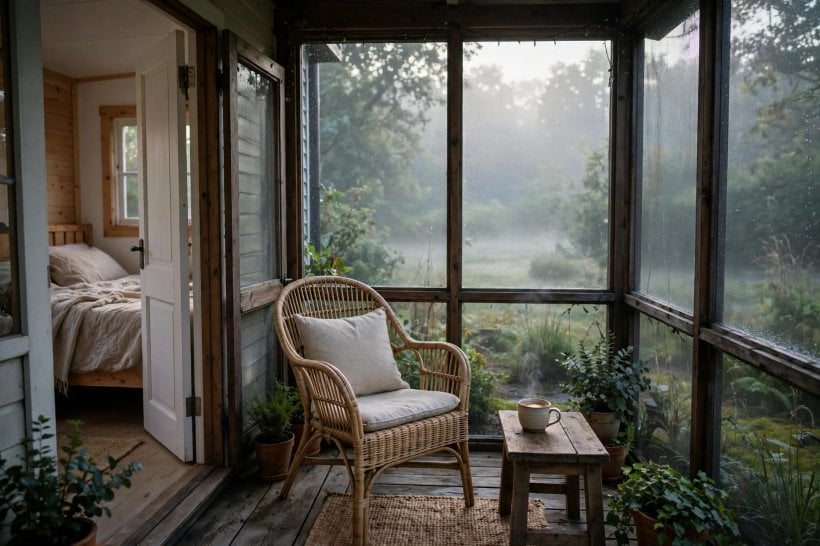 tiny house plans with screened porches: private rear porch off the bedroom with a reading chair at dawn