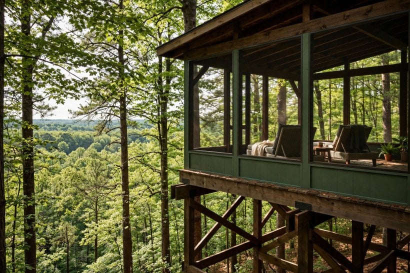tiny house plans with screened porches: elevated tree porch at loft height among the canopy with a solid knee wall