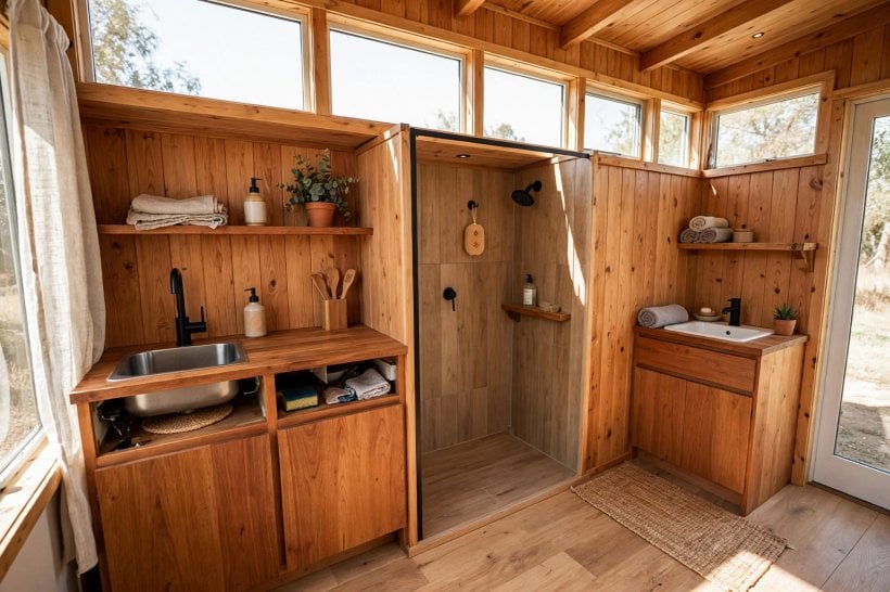 tiny house plumbing layout: kitchen sink, shower and bathroom vanity clustered along one wet wall