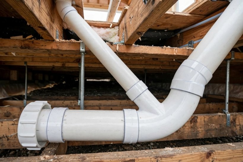 tiny house plumbing layout: three sizes of PVC drain pipe joined with a long-sweep wye and cleanout