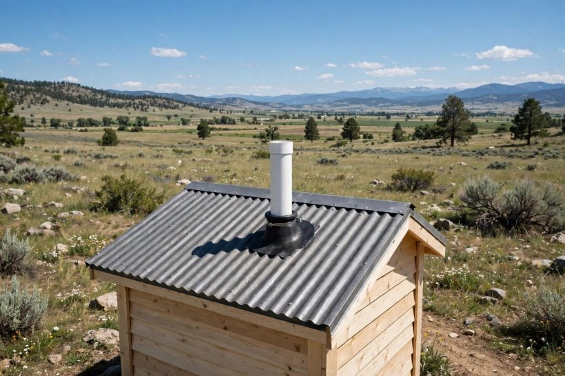 tiny house plumbing layout: a vent stack rising through the roof with a flashing boot