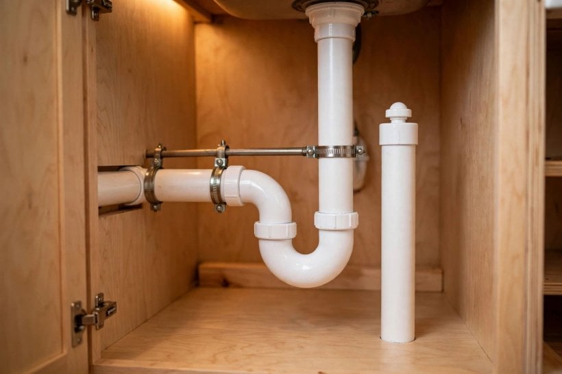 tiny house plumbing layout: an air admittance valve fitted under a kitchen sink
