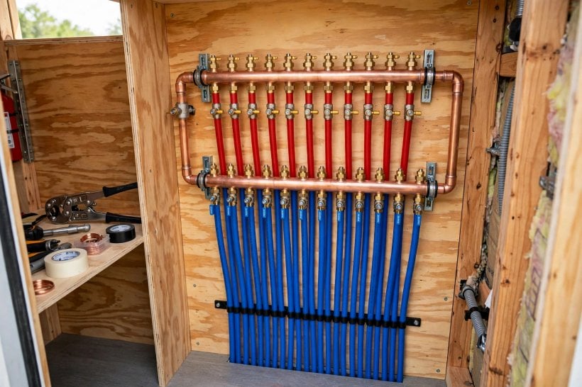tiny house plumbing layout: a PEX manifold with red and blue home-run lines and individual shutoffs