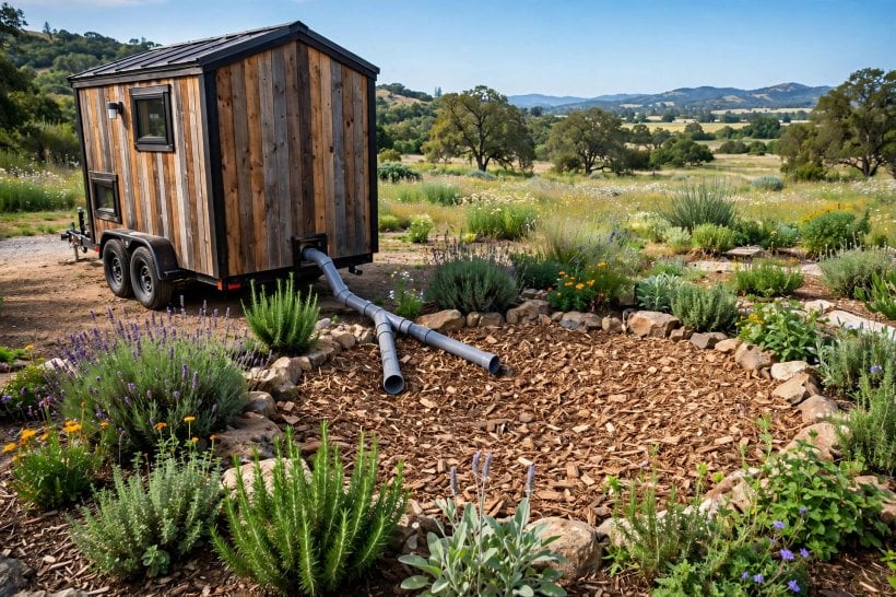 tiny house plumbing layout: a greywater branch line running to a mulch basin with plantings