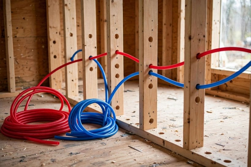 tiny house plumbing: coils of red and blue PEX tubing bending through drilled wall studs