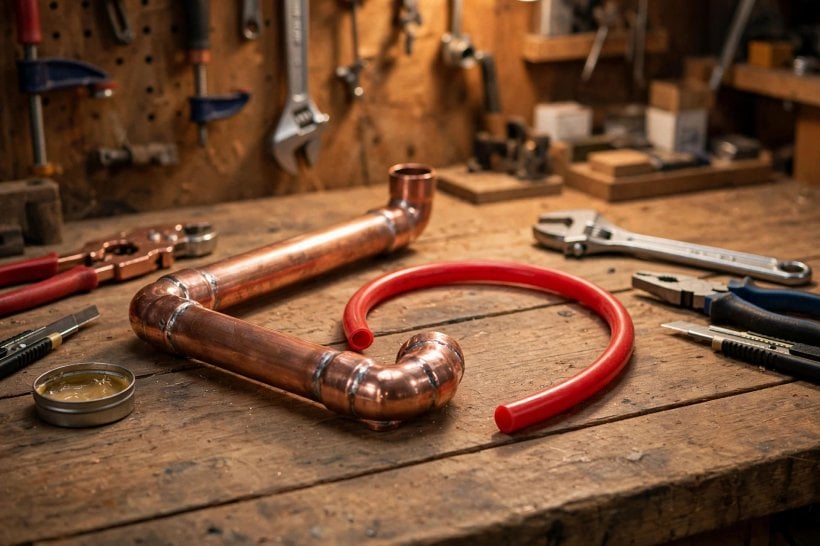 tiny house plumbing: a rigid copper pipe with soldered joints beside a flexible PEX tube on a workbench