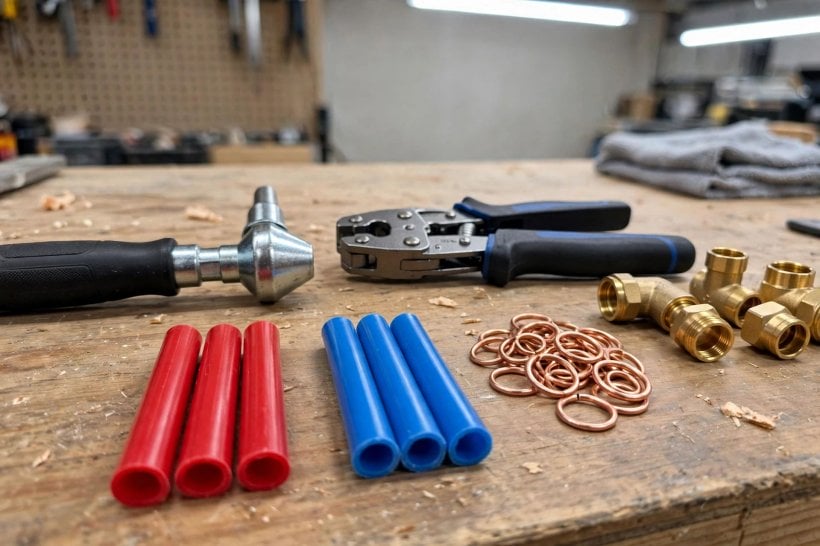 tiny house plumbing: PEX expansion and crimp tools with brass fittings and crimp rings laid out