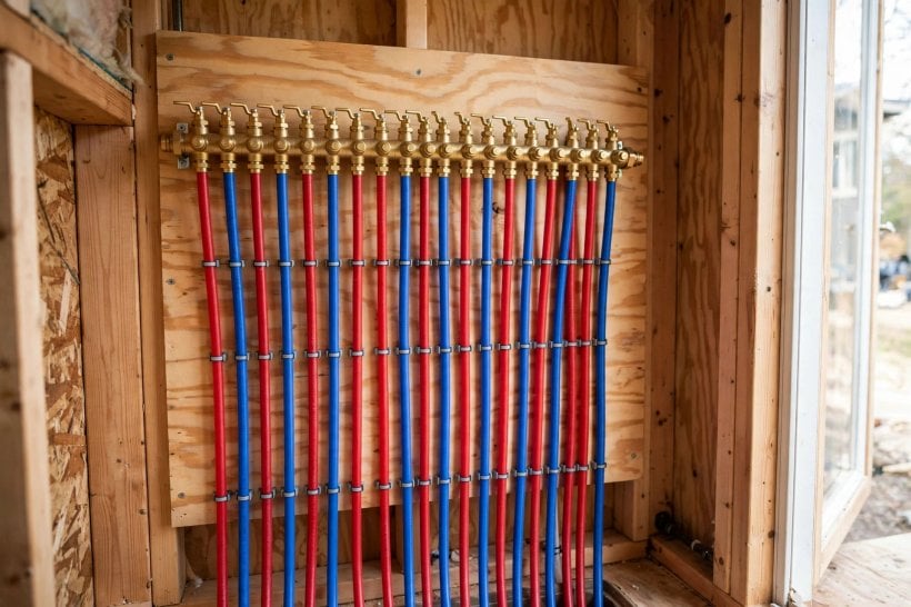 tiny house plumbing: a brass home-run manifold with red and blue lines running to each fixture