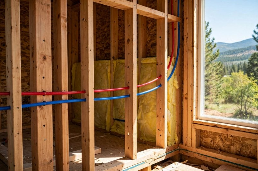 tiny house plumbing: PEX lines routed through interior framing inside the thermal envelope