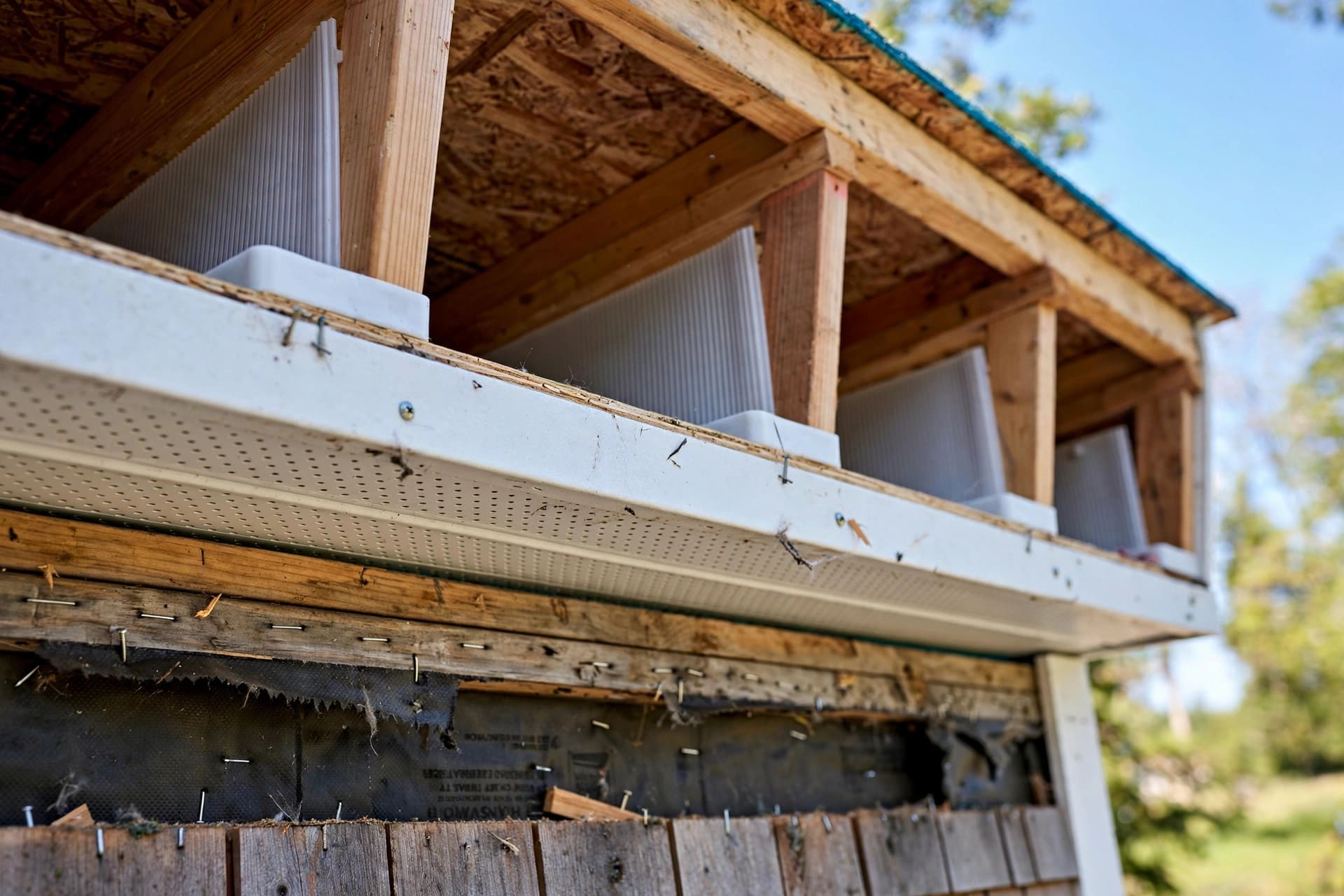 tiny house roof venting: perforated soffit vents and the open mouths of the rafter bays at the eave