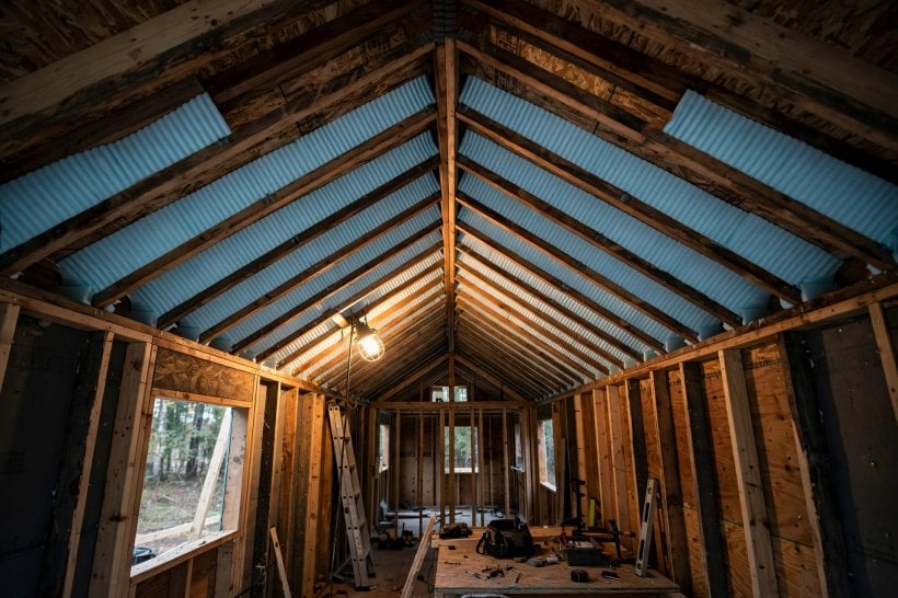 tiny house roof venting: foam baffles running from eave to ridge inside every rafter bay