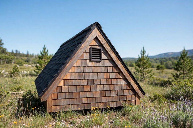 tiny house roof venting: a louvered gable vent set into the end wall just below the peak