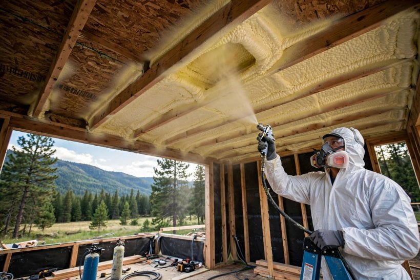 tiny house roof venting: closed-cell spray foam sealing the roof deck for an unvented hot roof
