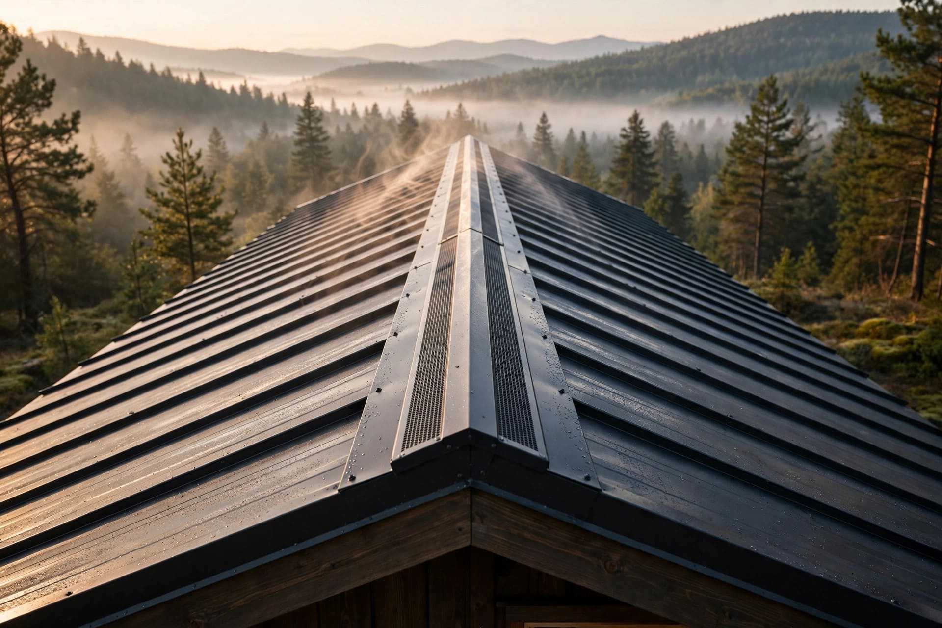 tiny house roof venting: a continuous ridge vent running the full length of the roof peak