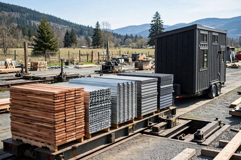 Tiny House Siding Options: cedar, metal and composite boards weighed side by side