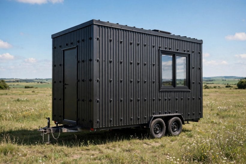 Tiny House Siding Options: a corrugated metal tiny house with washer-sealed fasteners