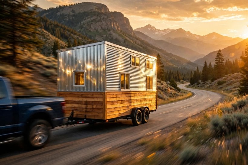 Tiny House Siding Options: a lightweight-skinned tiny house under tow on the highway