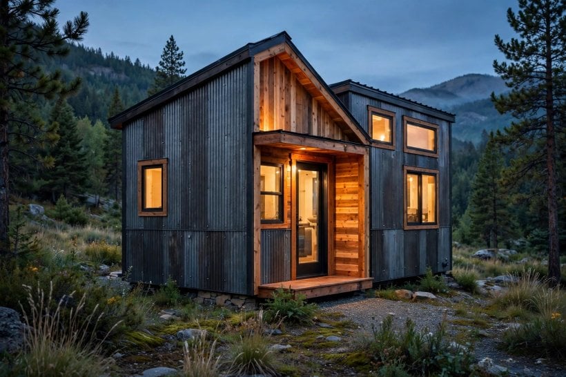Tiny House Siding Options: a tiny house mixing corrugated metal walls with cedar gable accents