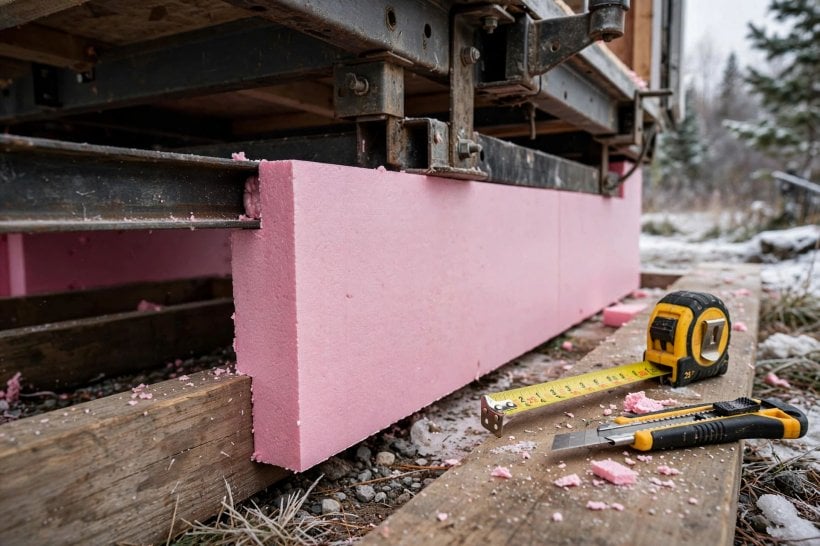 tiny house skirting for winter: rigid foam panels being fitted under the trailer frame