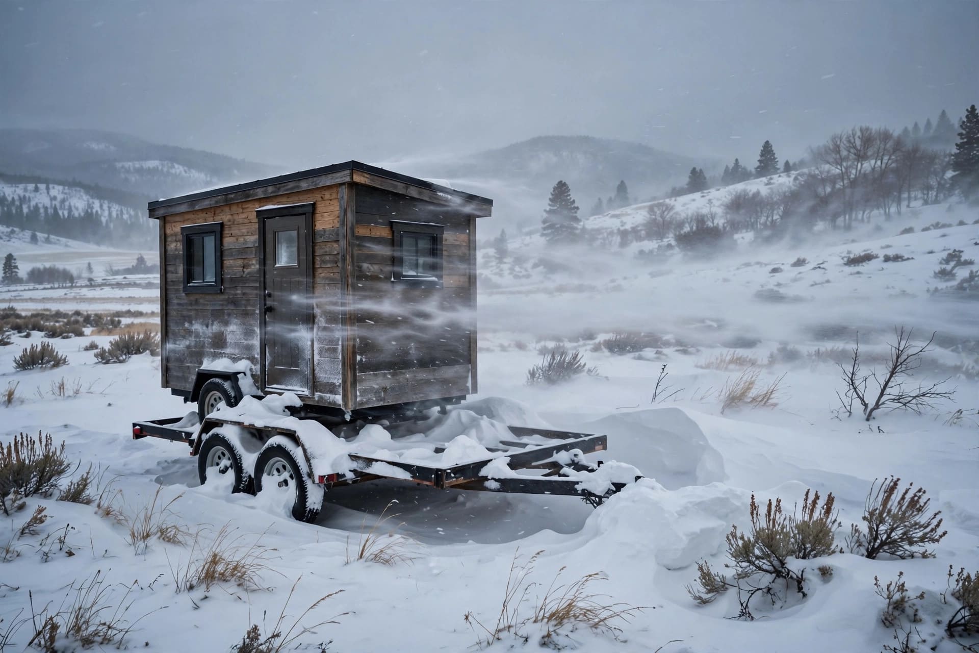tiny house skirting for winter: wind-blown snow streaming past an unskirted trailer
