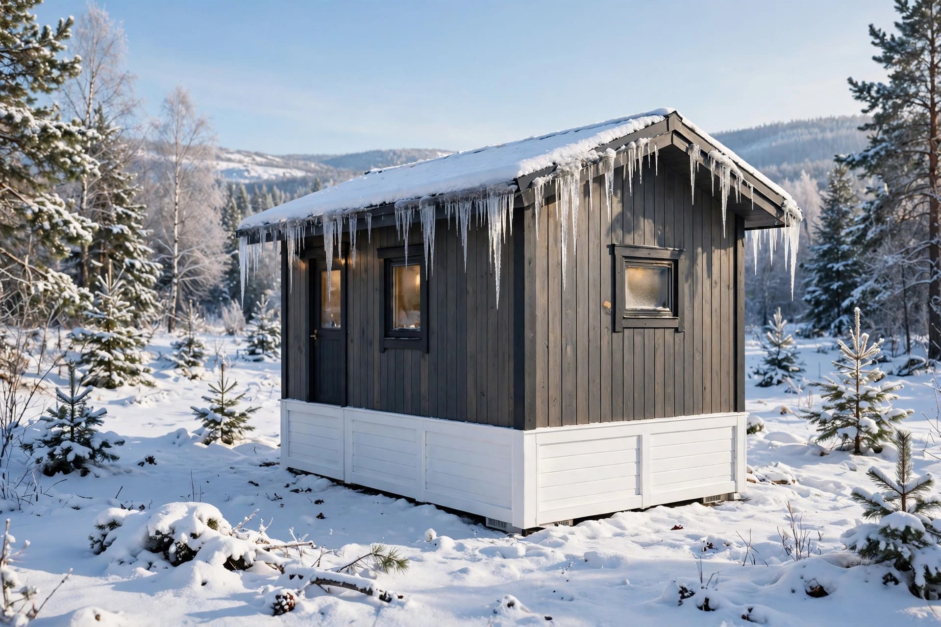 tiny house skirting for winter: a neat vinyl skirting kit fitted around the base