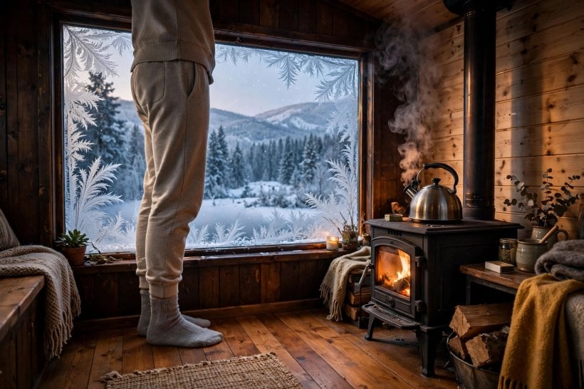 tiny house skirting for winter: warm floors inside while frost rims the windows