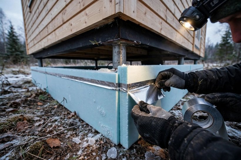 tiny house skirting for winter: sealing foam panel seams for a continuous barrier