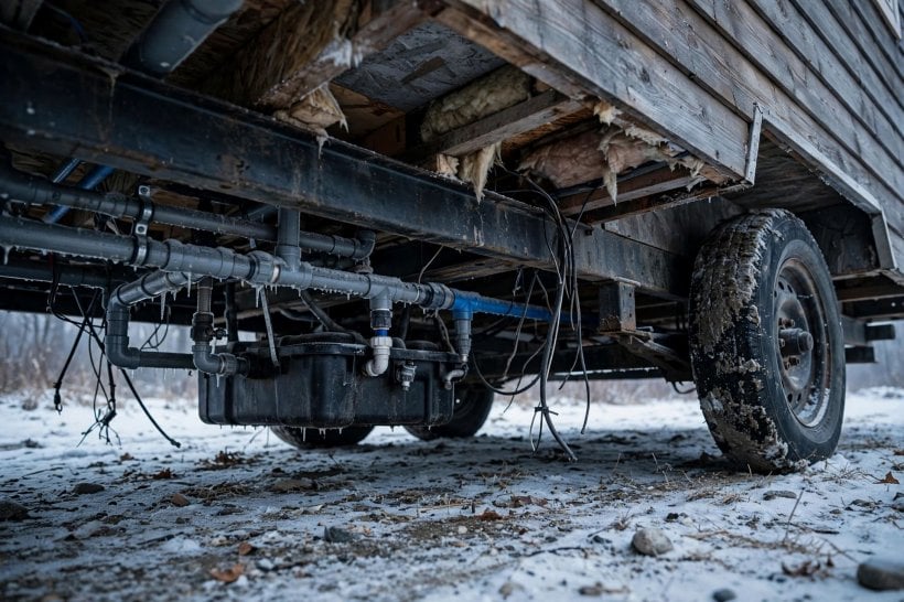 Tiny House Skirting Options: exposed pipes and tanks hanging in freezing air under an unskirted house