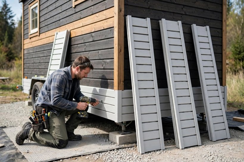 Tiny House Skirting Options: interlocking vinyl panels being fitted around a tiny house base