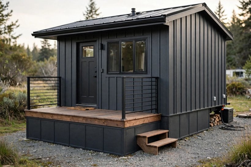 Tiny House Skirting Options: foam-backed metal skirting painted to match the house
