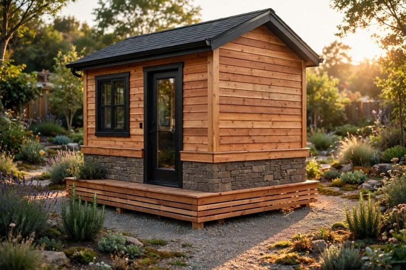 Tiny House Skirting Options: cedar boards and stone veneer panels around a tiny house base