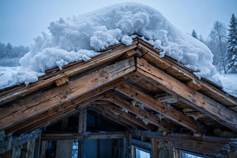 tiny house snow load: deep snow pressing down on exposed roof rafters