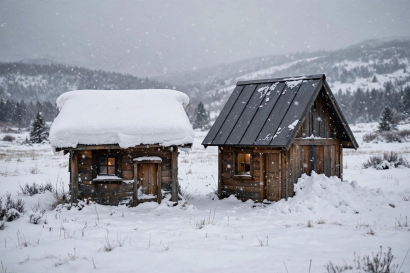 tiny house snow load: flat roof holding deep snow beside a steep roof that shed its snow