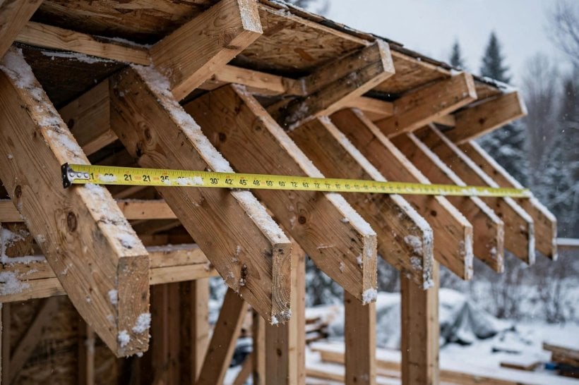 tiny house snow load: measuring rafter span on a framed roof under construction