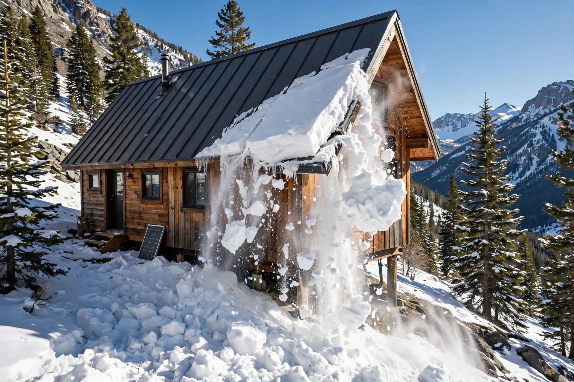 tiny house snow load: snow slab sliding off a steep standing seam metal roof