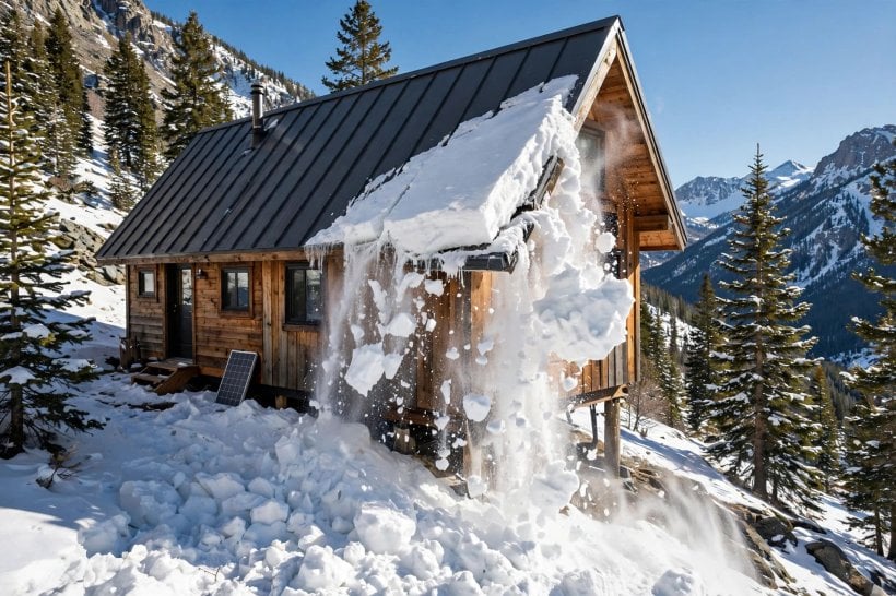 tiny house snow load: snow slab sliding off a steep standing seam metal roof