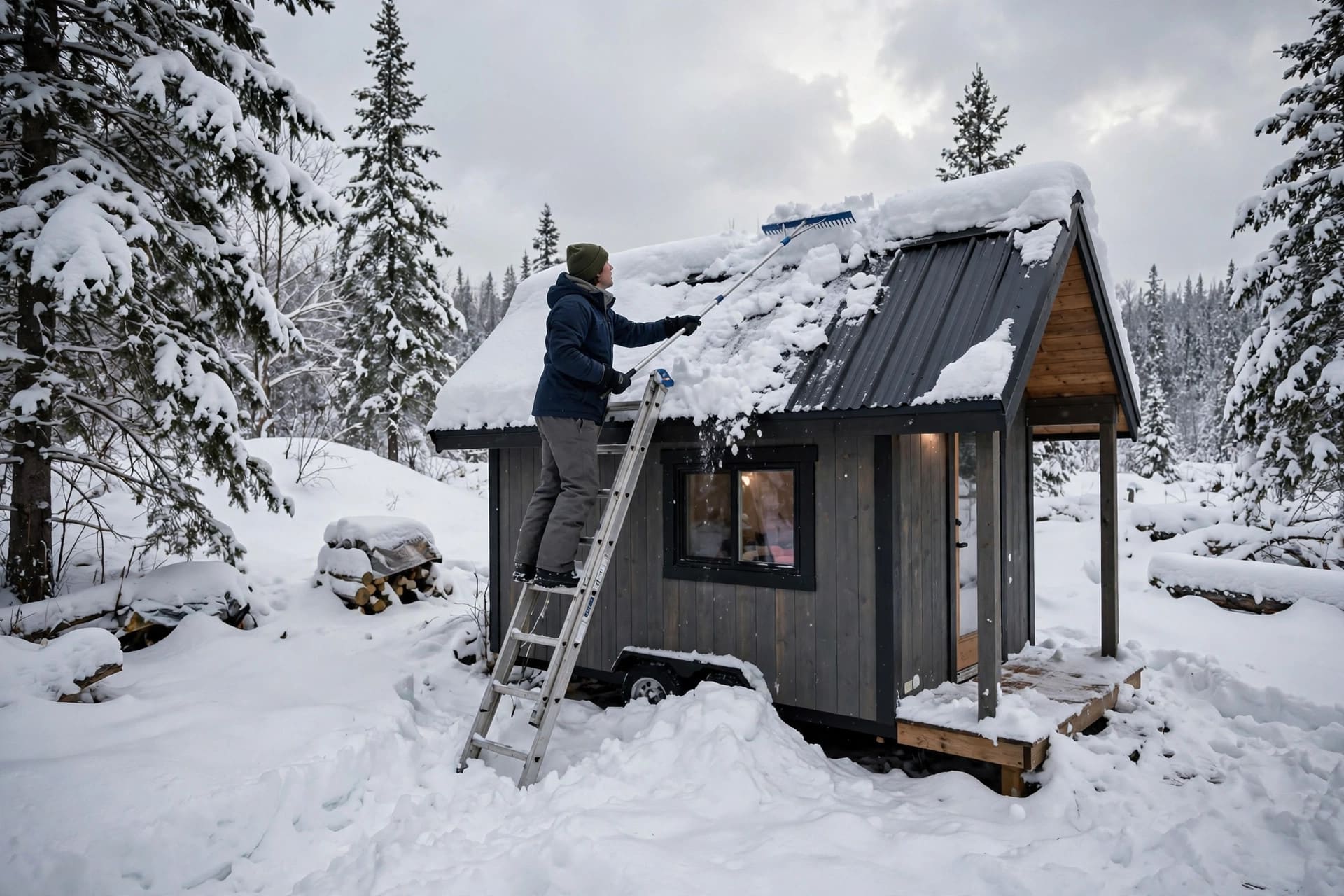 tiny house snow load: clearing accumulated snow from a low roof after a storm