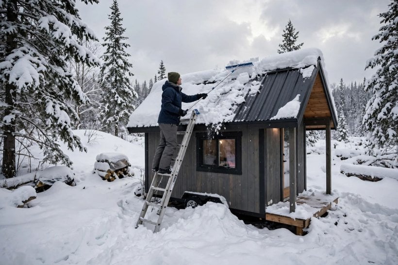 tiny house snow load: clearing accumulated snow from a low roof after a storm