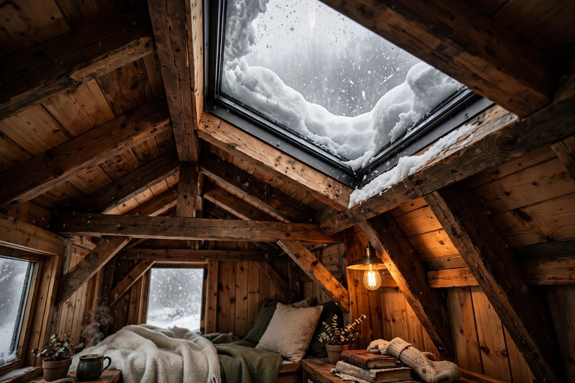 tiny house snow load: warm interior beneath a strong rafter ceiling during a snowstorm