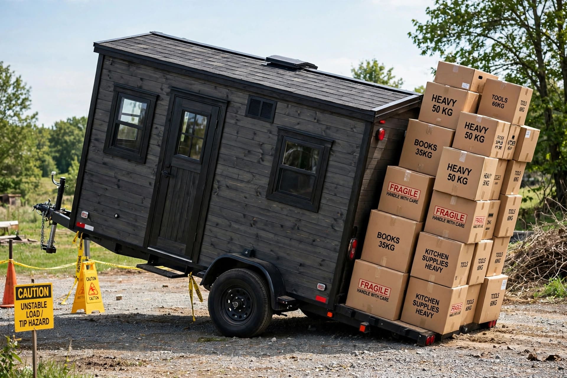 a tail-heavy load stacked at the rear of the trailer
