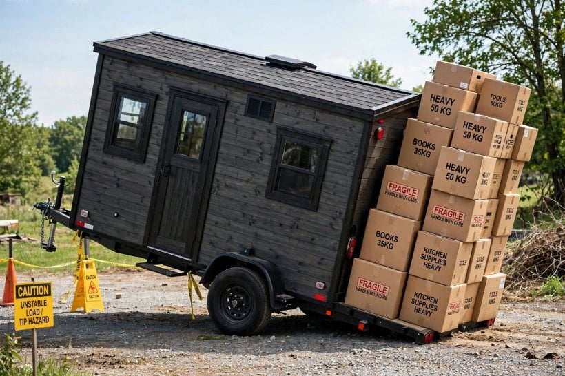 a tail-heavy load stacked at the rear of the trailer