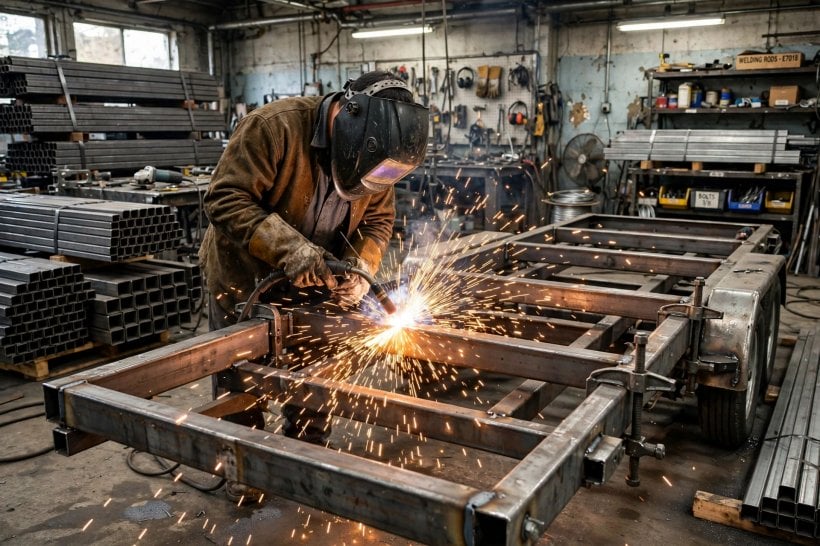 tiny house trailer buying guide: welding cross-members into a steel tube trailer frame