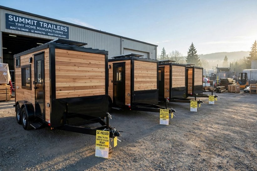 tiny house trailer buying guide: new purpose-built tiny house trailers lined up at a manufacturer's yard