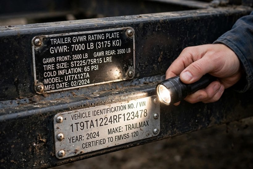 tiny house trailer buying guide: checking the GVWR and VIN plate on a trailer frame rail