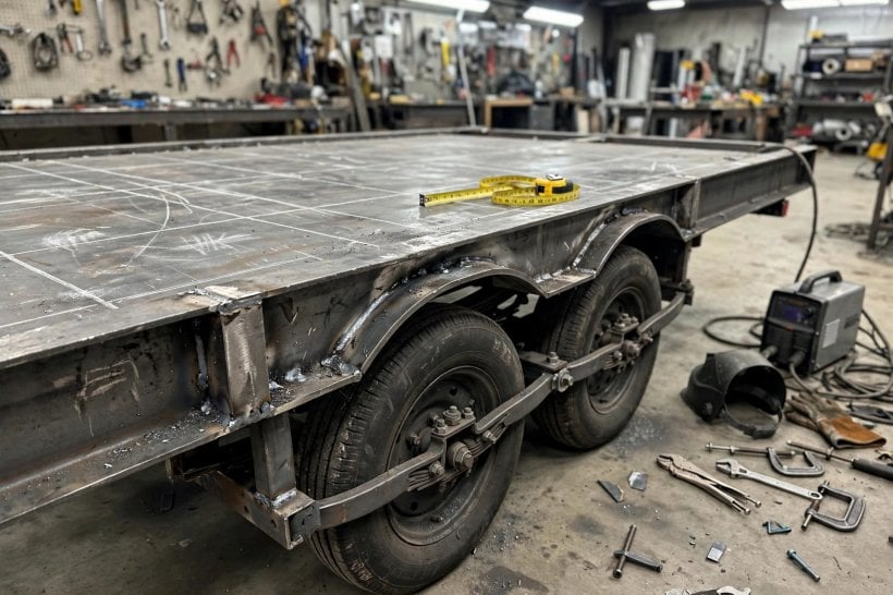 Tiny House Trailer-Specific Floor Plans: a bare steel trailer frame with tandem axles before framing begins