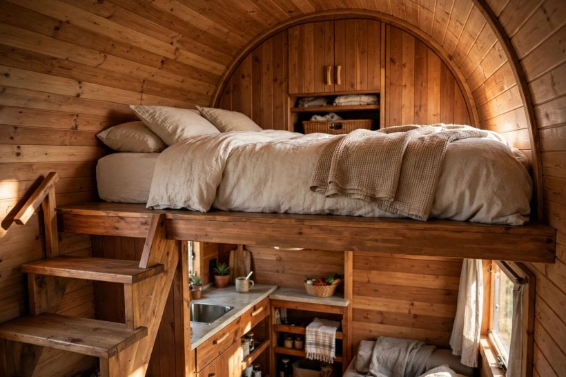 Tiny House Trailer-Specific Floor Plans: a master bed on the raised gooseneck platform over the hitch