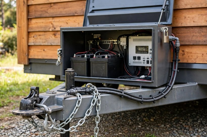 Tiny House Trailer-Specific Floor Plans: a lockable tongue utility bay carrying the battery bank over the hitch