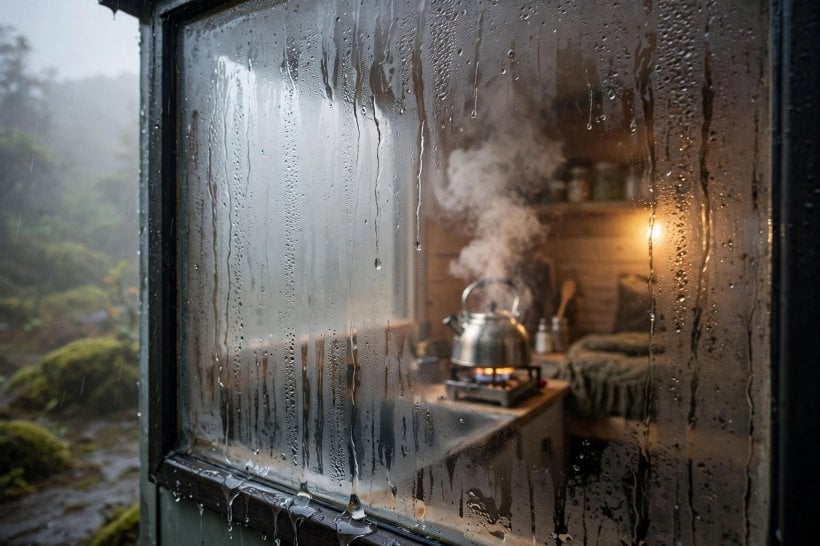 tiny house ventilation: condensation running down the window of a tightly sealed tiny house
