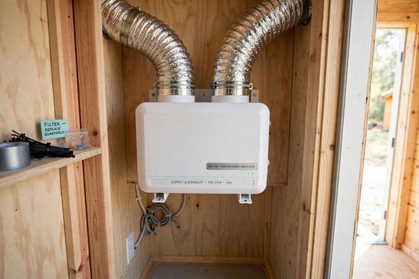 tiny house ventilation: a compact heat recovery ventilator mounted in a utility closet